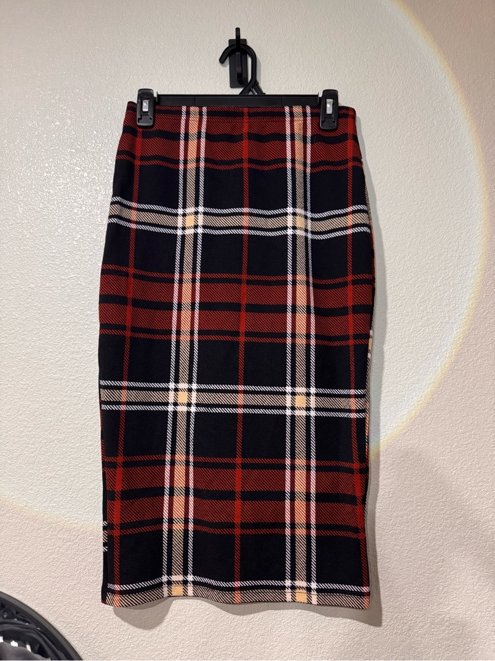 Red, Black and Cream Plaid Pencil Skirt